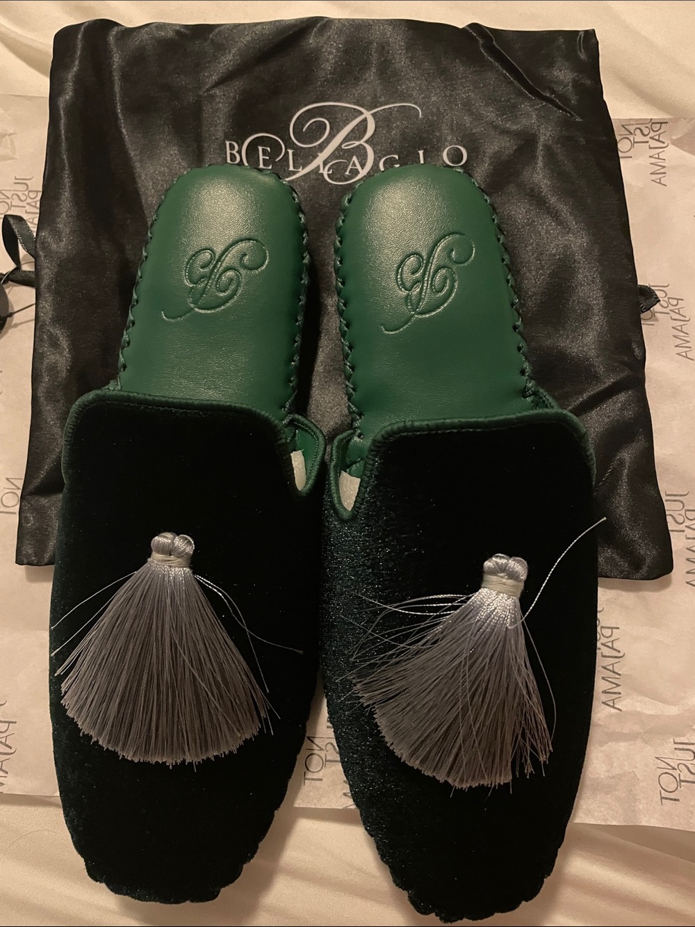 Women's Green Velvet Tassel Slippers With the Bellagio Logo